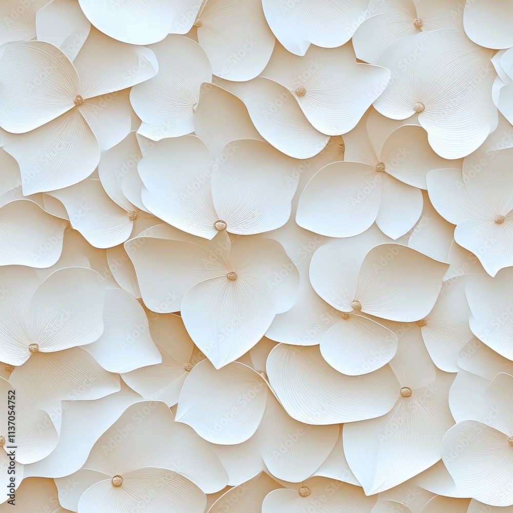 Elegant white flower petals create seamless pattern, perfect for backgrounds or textiles, evoking sense of tranquility and beauty