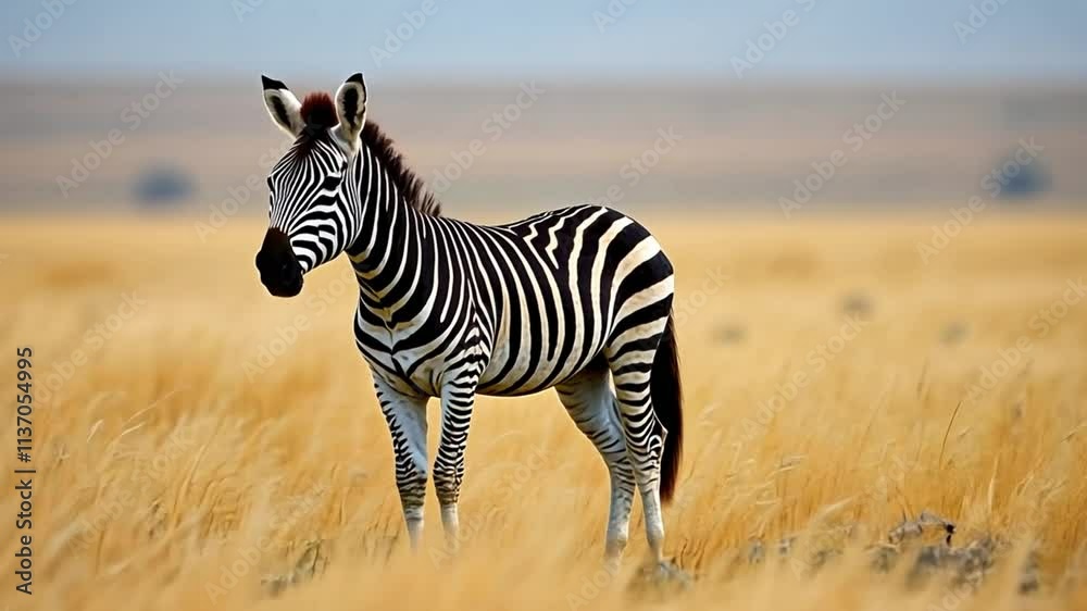 A zebra in the savannah, black and white stripes against golden-brown grass. The pale blue sky looks peaceful.