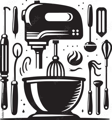 Hand Mixer Silhouette line art vector illustration on white background