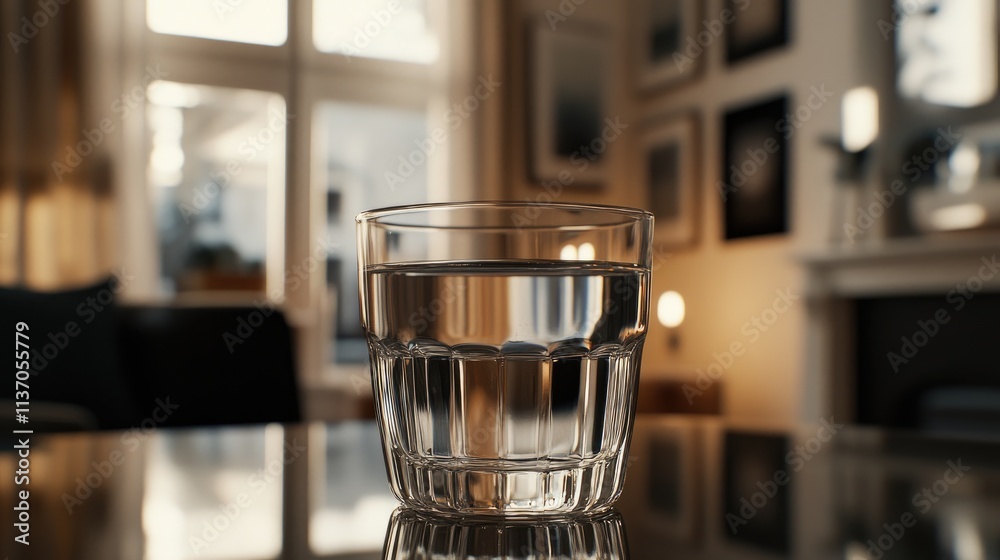 Crystal Clear Glass of Water in Modern Living Room Setting Crystal Clear Glass of Water in Modern Living Room Setting