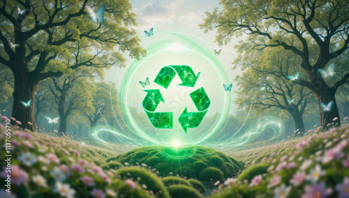 Recycle icon blending with fantasy nature - Generative AI