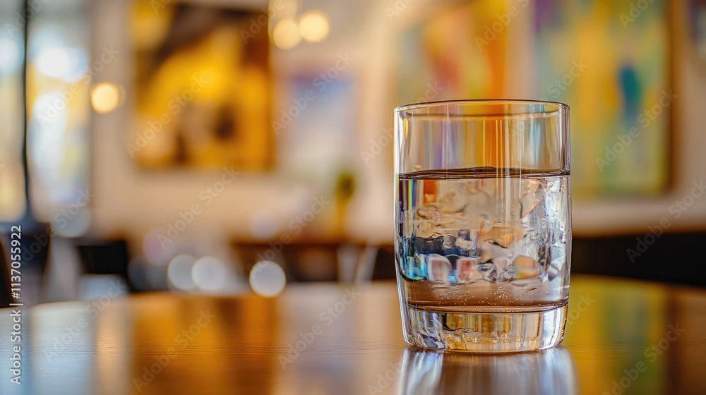 Clear Glass of Water Reflecting Light on Wooden Table Surface Clear Glass of Water Reflecting Light on Wooden Table Surface