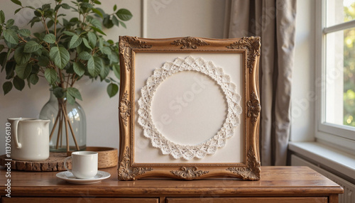 Vintage lace frame on dresser with warm light, quaint home decor