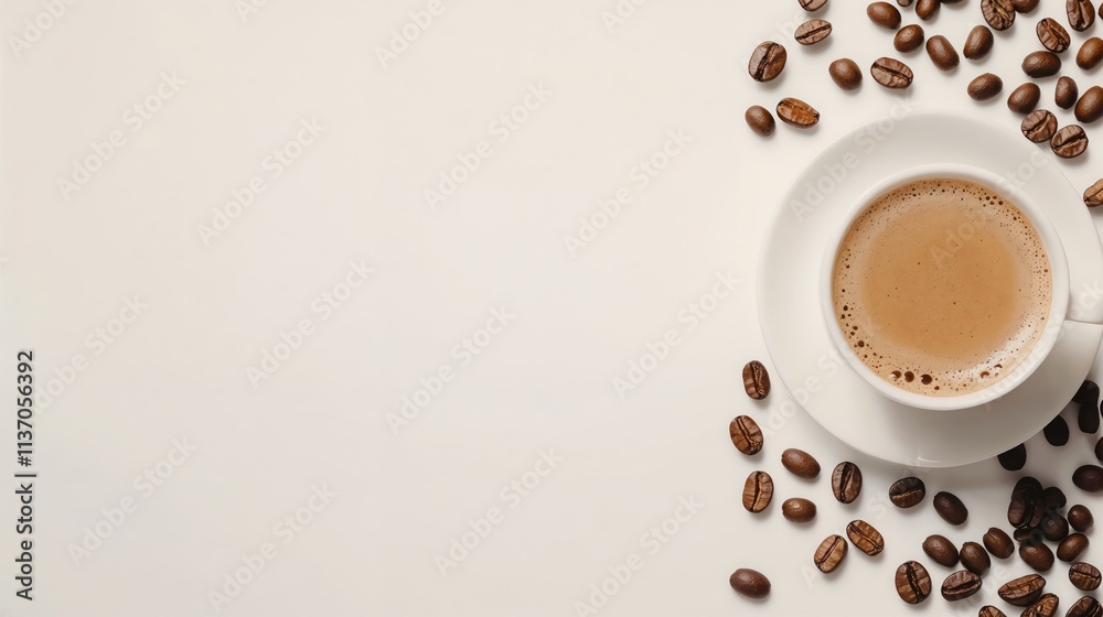 Fototapeta premium Coffee cup with frothy milk on saucer surrounded by coffee beans.Fresh start. Morning energy. Comfort in a cup.Coffee cup, coffee beans, morning mood, breakfast vibes, beverage promotion.