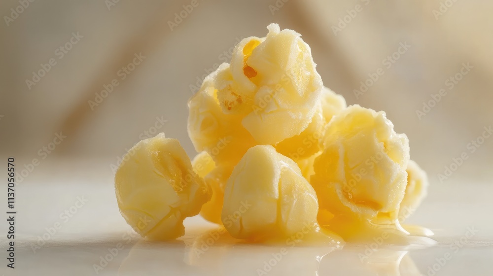 Gourmet Buttered Popcorn Pile on a White Surface With Melted Butter Gourmet Buttered Popcorn Pile on a White Surface With Melted Butter
