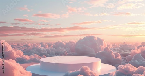 A serene sky scene with soft clouds and a minimalist platform at sunset.