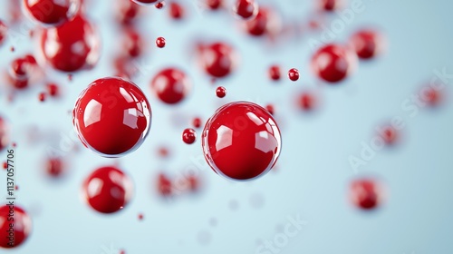 Floating red paint droplets on a muted grayish-blue background, vivid splash with hazy smoke, visually striking yet minimalistic art scene