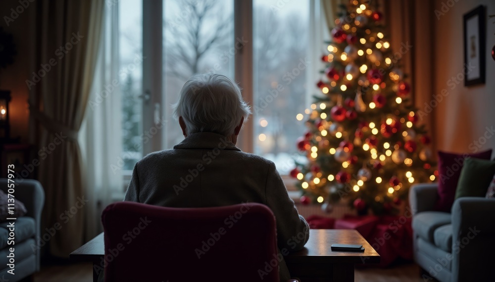 Elderly Man with Christmas Tree and Phone in Cozy Room.Nostalgia. Holiday spirit. Family warmth.Christmas decor, elderly portrait, cozy home, winter interior design, greeting cards, holiday home decor Elderly Man with Christmas Tree and Phone in Cozy Room.Nostalgia. Holiday spirit. Family warmth.Christmas decor, elderly portrait, cozy home, winter interior design, greeting cards, holiday home decor
