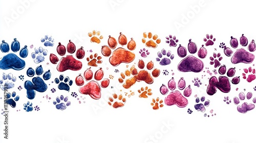 Multicolored dog and cat paw prints, seamless white background