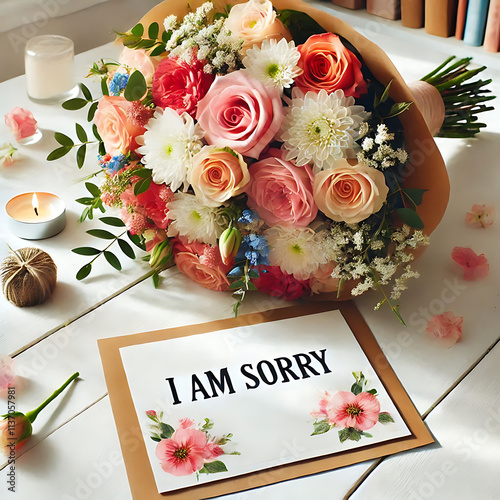 white card for a bouquet with the inscription text I am sorry in a bright beautiful bouquet of flowers roses
