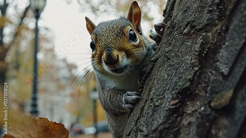 Squirrel peeking around tree trunk in a city park during autumn