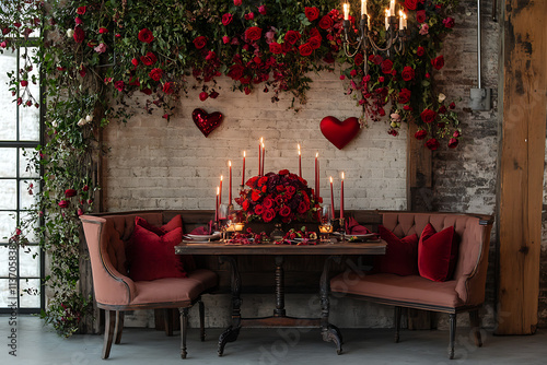 Romantic Valentine's Day Setup with a Table for Two with Candles and Rose Petals.