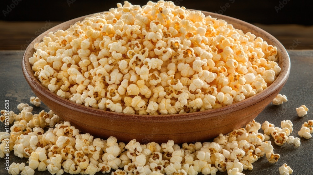 Freshly Popped Popcorn in a Wooden Bowl on a Dark Surface Freshly Popped Popcorn in a Wooden Bowl on a Dark Surface