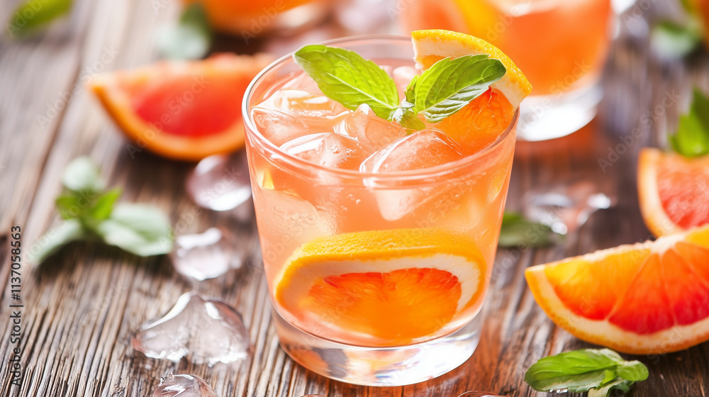 Fototapeta premium Pink-orange cocktail with sliced citrus in glass, aesthetic drink