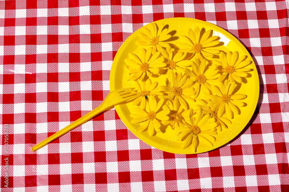 © ADDICTIVE STOCK - Vibrant yellow flowers on plate against checkered background