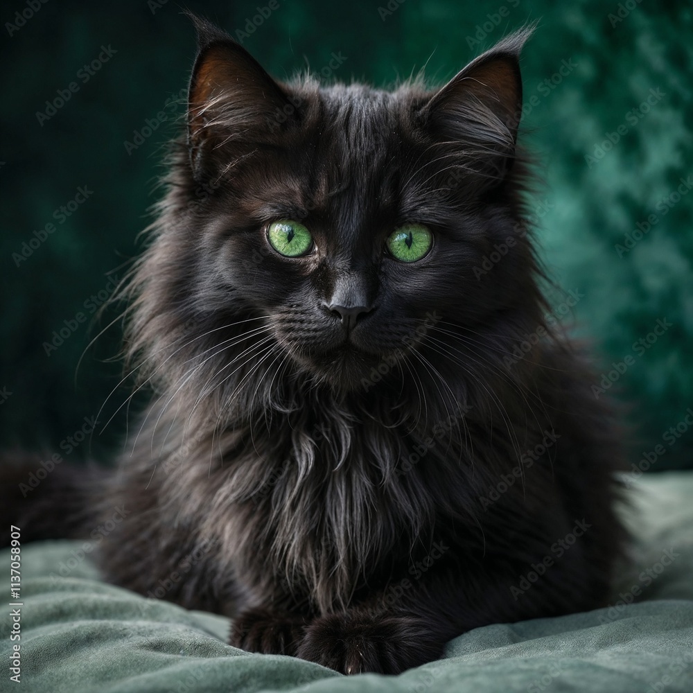 Portrait of a Fluffy Black Cat with Vibrant Green Eyes Resting on a Soft Green Surface Portrait of a Fluffy Black Cat with Vibrant Green Eyes Resting on a Soft Green Surface