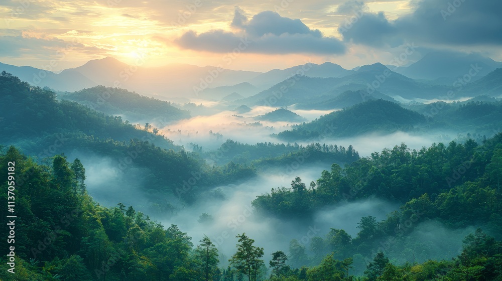 Glowing red tree on an island surrounded by misty mountains Glowing red tree on an island surrounded by misty mountains