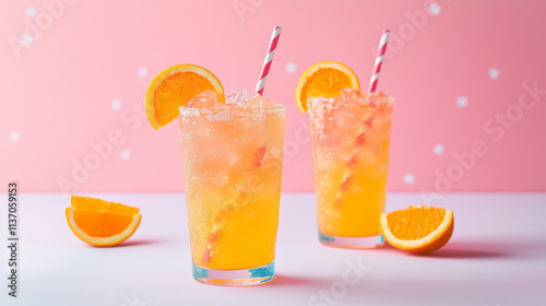 Pink-orange cocktail with sliced citrus in glass, aesthetic drink