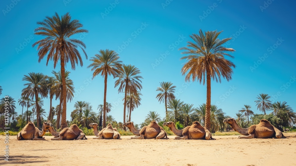 Obraz premium Camels Resting in a Lush Oasis Under Bright Blue Sky