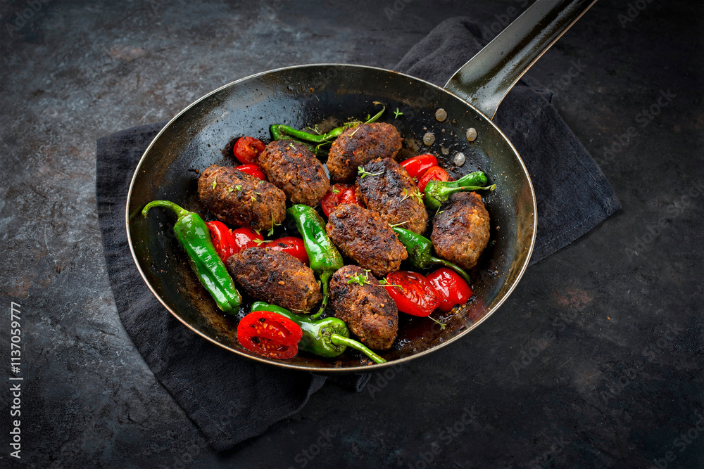 Traditional Croatian cevapi spicy meat ball rolls with tomatoes and paprika served as close-up in a rustic skillet Traditional Croatian cevapi spicy meat ball rolls with tomatoes and paprika served as close-up in a rustic skillet