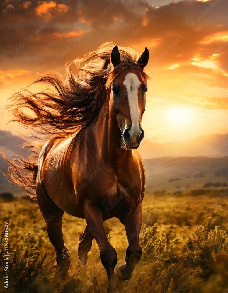 A stunning brown horse with a flowing mane gallops freely through a golden field as the sun sets behind. The wind blows through its mane, creating a sense of freedom and power.. AI Generation A stunning brown horse with a flowing mane gallops freely through a golden field as the sun sets behind. The wind blows through its mane, creating a sense of freedom and power.. AI Generation
