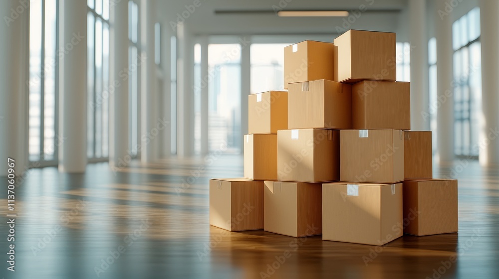 Stack of cardboard boxes in a bright new apartment, sunlight streaming through windows, fresh start, perfect for relocation and real estate themes Stack of cardboard boxes in a bright new apartment, sunlight streaming through windows, fresh start, perfect for relocation and real estate themes