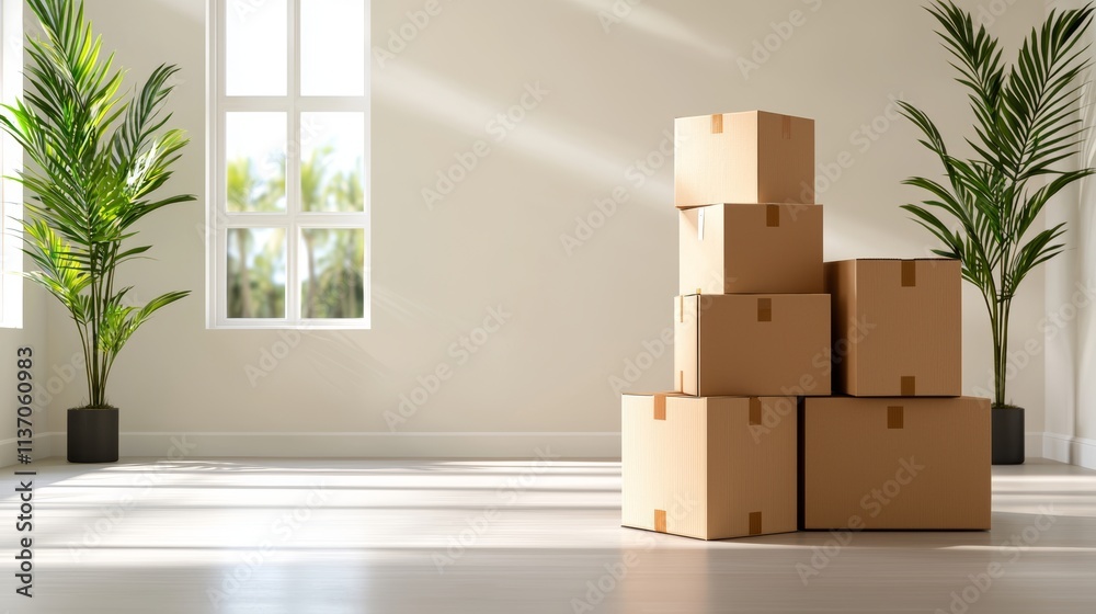stack of cardboard boxes in empty modern apartment, sunlight through windows, moving day vibe, isolated on white background stack of cardboard boxes in empty modern apartment, sunlight through windows, moving day vibe, isolated on white background