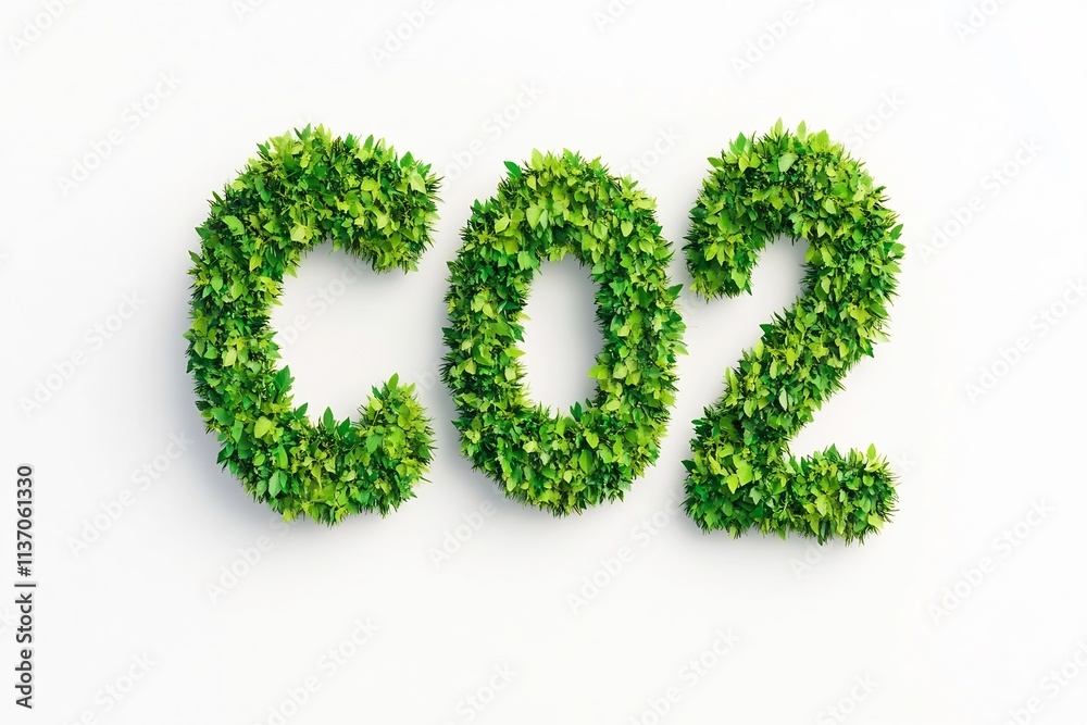 Isometric 3D Text  CO2  Made of Green Leaves on White Background
