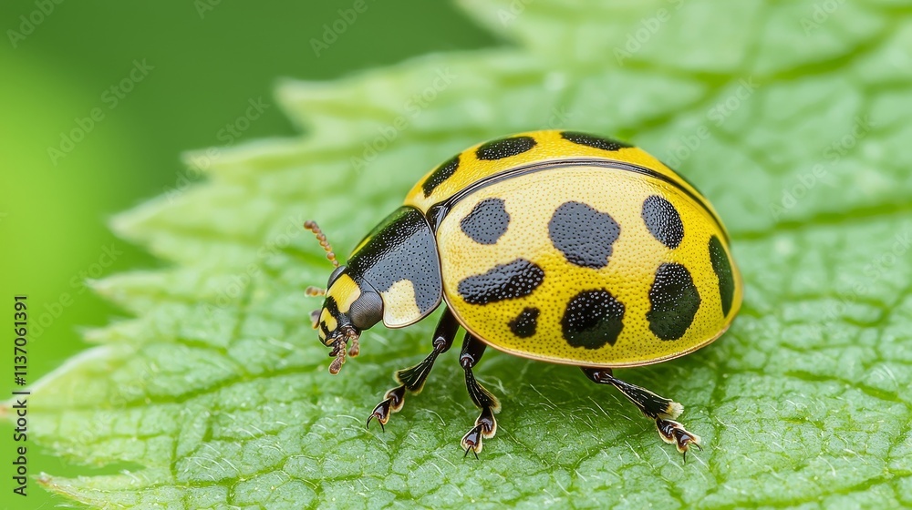 Fototapeta premium Ladybug on a leaf, close-up showing intricate wing patterns and antennae, surrounded by blurred bokeh background of lush greenery