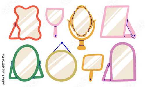 Hand Drawn Mirrors with Ornate Modern. A set of hand-drawn mirror designs, including wavy, oval, round, handheld, and arched frames with modern and vintage styles for creative decor