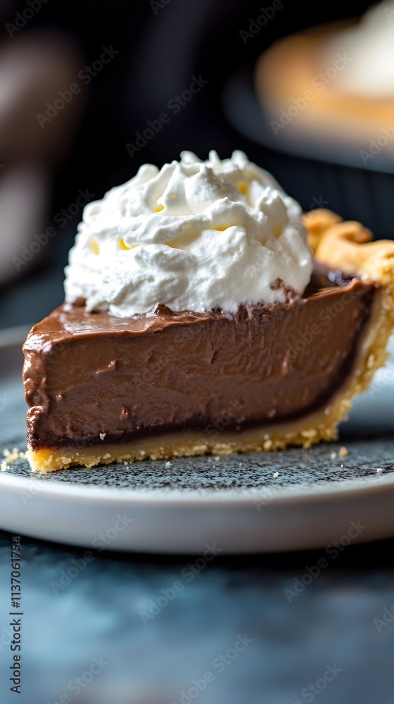 A slice of chocolate pie topped with whipped cream on a plate, inviting and delicious. A slice of chocolate pie topped with whipped cream on a plate, inviting and delicious.
