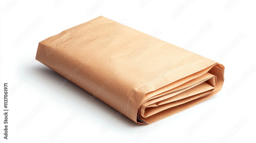 Brown paper lunch bag laying flat, sharp edges and fine details, white background Brown paper lunch bag laying flat, sharp edges and fine details, white background