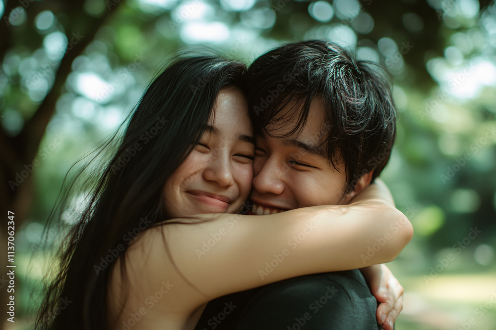 young couple embracing happily in a natural outdoor setting with soft sunlight and lush green trees creating a warm intimate moment
young couple embracing happily in a natural outdoor setting with soft sunlight and lush green trees creating a warm intimate moment