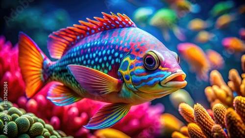 Macro underwater photography captures vibrant, multicolored fish in breathtaking close-up detail.