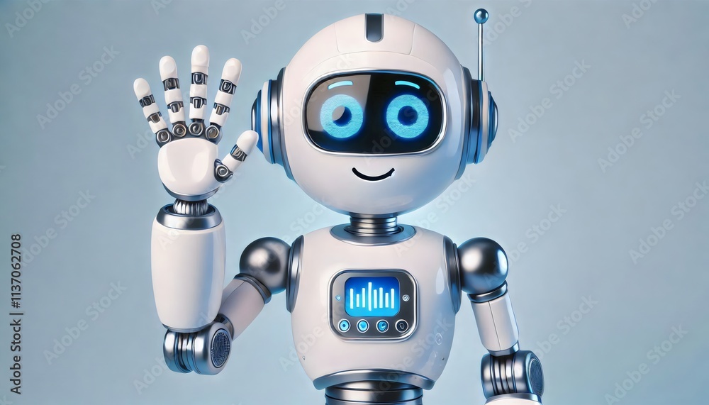 A friendly 3d robot character waving to the camera. 3D Rendering A friendly 3d robot character waving to the camera. 3D Rendering