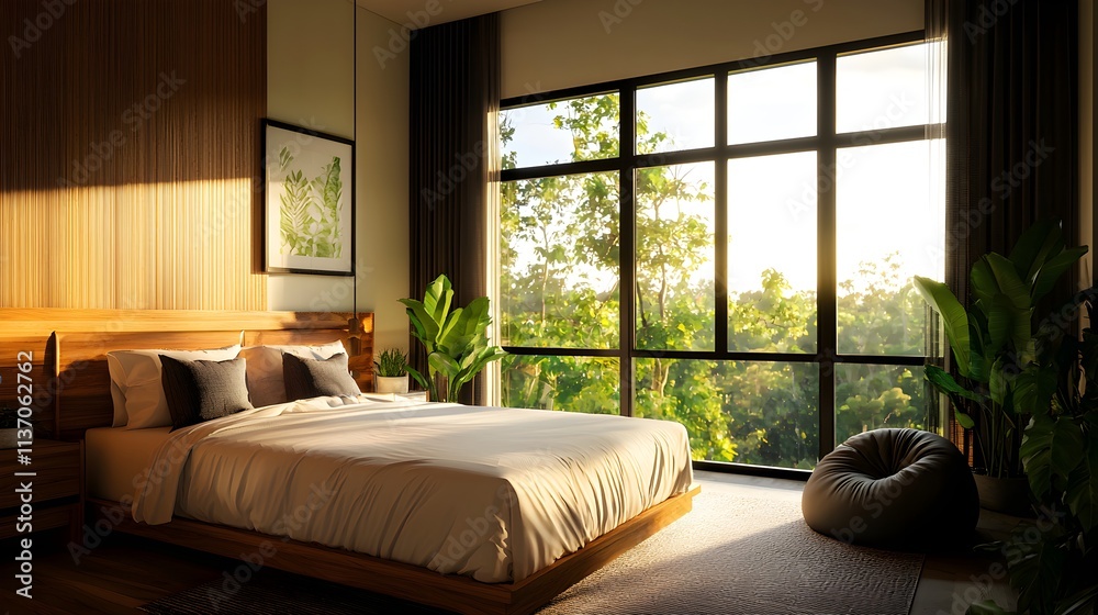 Fototapeta premium Spacious hostel room, soft bed with modern decor, cozy bean bag corner for relaxing, large windows allowing natural light, bright and airy atmosphere