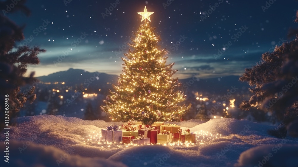Naklejka premium Beautiful Christmas Tree with Twinkling Lights and Presents in Snow