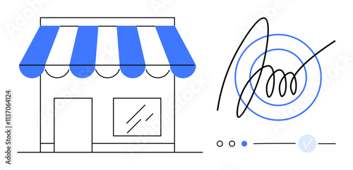 Storefront with blue-striped awning beside a digital signature mark. Ideal for e-commerce, small business, digital contracts, online transactions, retail concepts, customer authentication, branding