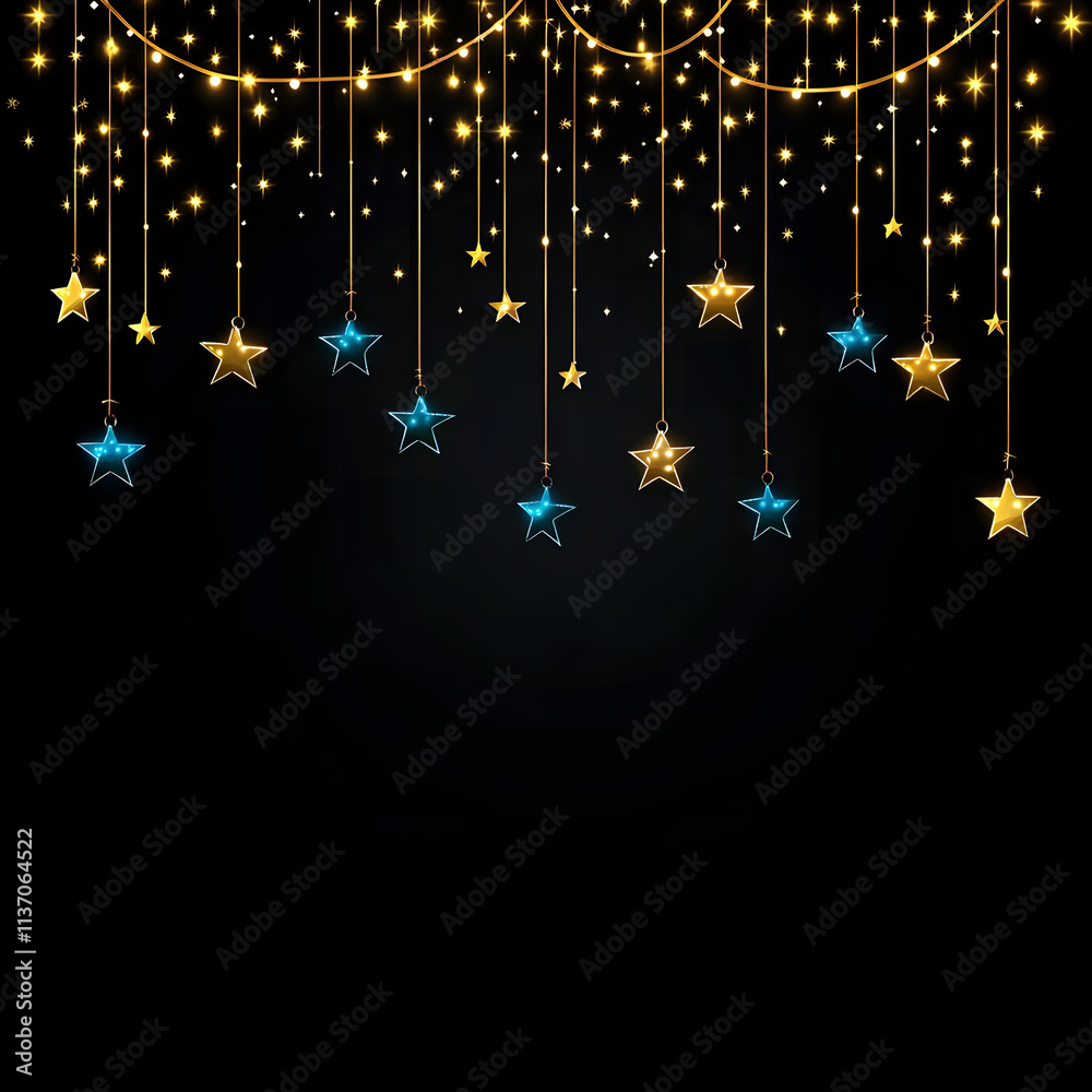 Glowing Hanging Stars with Sparkling Night Sky Background for Festive Decorations Glowing Hanging Stars with Sparkling Night Sky Background for Festive Decorations