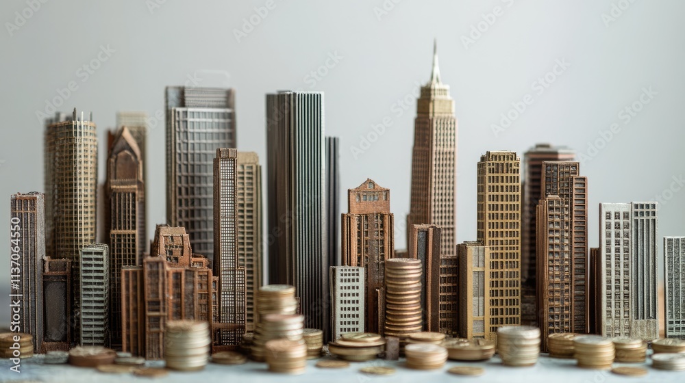 Fototapeta premium Tall buildings and coins are the same height 