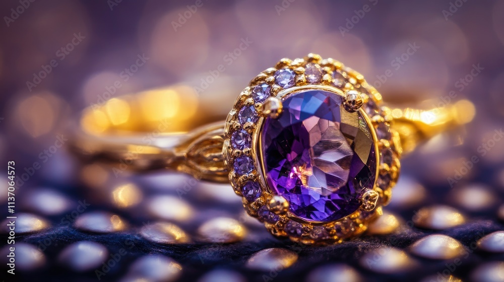 Elegant Gold Ring with Purple Stone and Intricate Design Details Elegant Gold Ring with Purple Stone and Intricate Design Details
