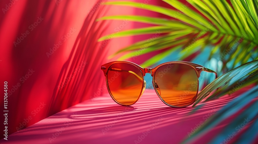 Glowing orange sunglasses on a vibrant surface with tropical leaves Glowing orange sunglasses on a vibrant surface with tropical leaves