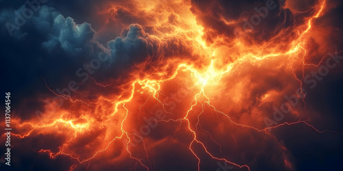 Fiery Lightning Bolts Crack Across a Dramatic, Dark Sky Digital Art