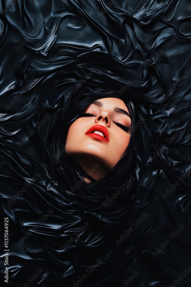 A mesmerizing portrait of a woman’s face emerging from flowing black fabric, with vibrant red lips adding a bold contrast and captivating elegance A mesmerizing portrait of a woman’s face emerging from flowing black fabric, with vibrant red lips adding a bold contrast and captivating elegance