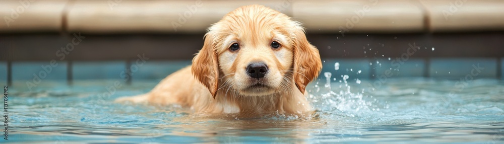 Playful golden retriever puppy swimming in a pool cute animal moment relaxed water environment adorable perspective Playful golden retriever puppy swimming in a pool cute animal moment relaxed water environment adorable perspective