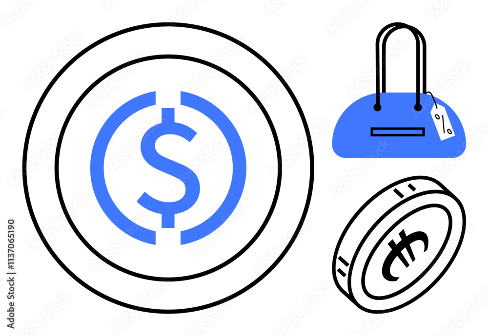 Large blue dollar coin, smaller coin with symbol, and a blue handbag with a tag. Ideal for finance, cryptocurrency, e-commerce, digital wallets, investments shopping financial technology. Line Large blue dollar coin, smaller coin with symbol, and a blue handbag with a tag. Ideal for finance, cryptocurrency, e-commerce, digital wallets, investments shopping financial technology. Line