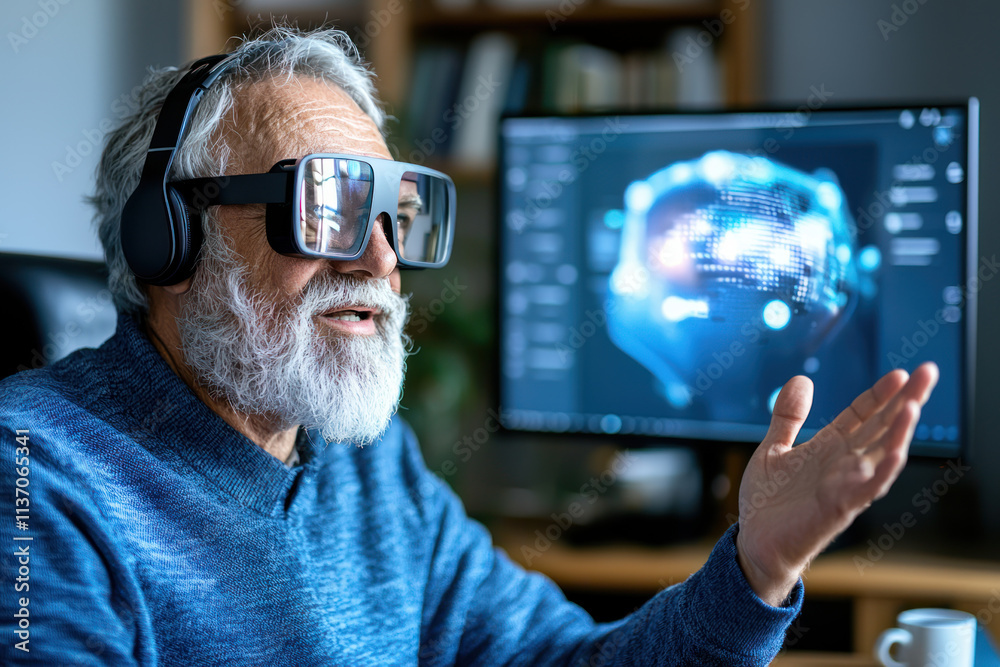 A Senior man confidently engaging in video conferencing with VR headset, showcasing modern technology and communication skills A Senior man confidently engaging in video conferencing with VR headset, showcasing modern technology and communication skills
