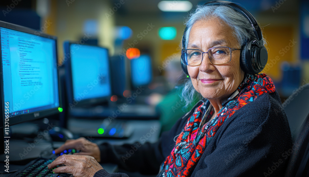 Fototapeta premium A Senior woman with glasses and headset, engaged in computer work, smiling warmly in friendly environment