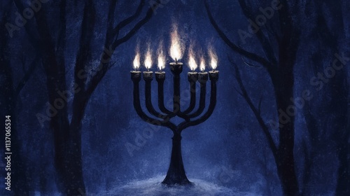 A surreal festive scene depicting a giant menorah in the middle of a snow-covered forest, with mystical creatures celebrating Hanukkah. photo