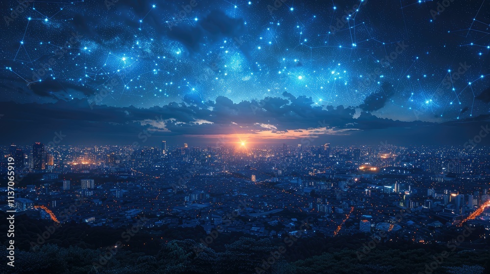 Fototapeta premium A stunning cityscape at sunset, illuminated by a starry sky and digital connections.